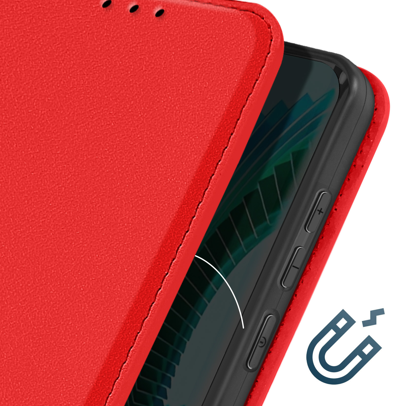Rote Handyhülle mit teilweise geöffneter Abdeckung und Magnet-Symbol.