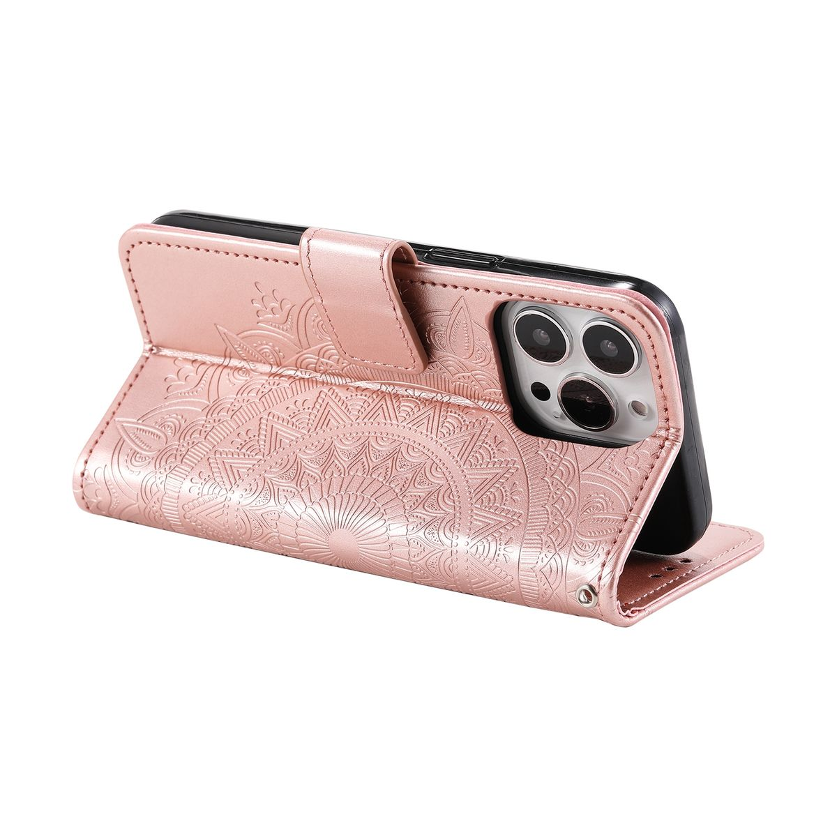 Rosa Handyhülle mit Prägedesign, hält ein schwarzes Handy. Weißer Hintergrund.