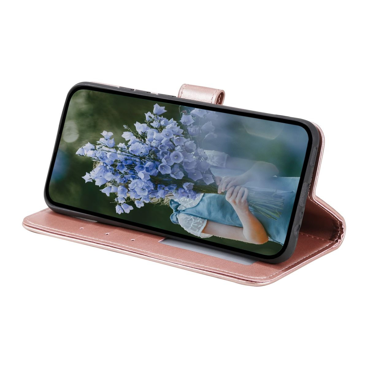 Ein Telefon in einer rosa Hülle zeigt einen Strauß blauer Blumen.
