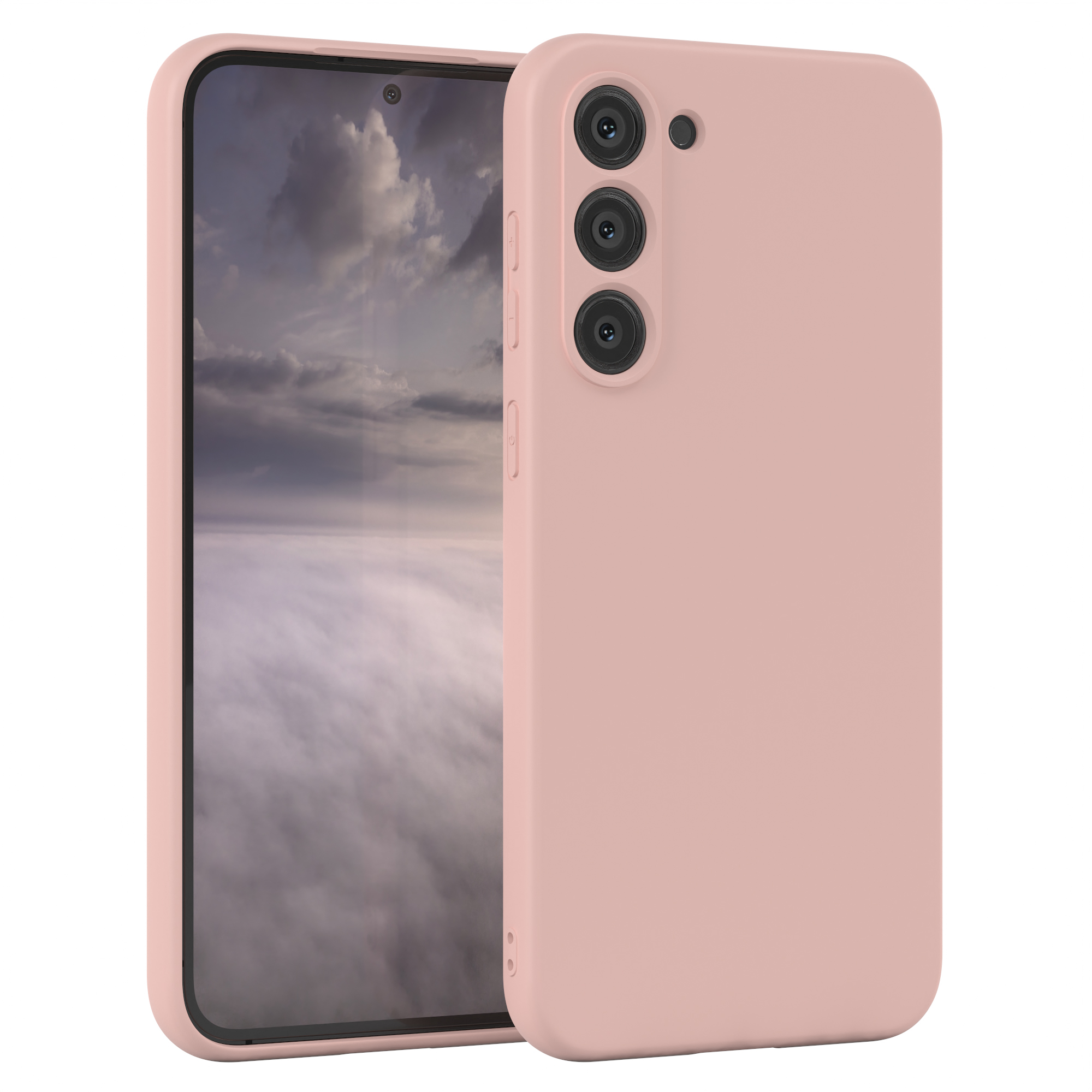 Rosa Handyhülle mit Telefon. Drei Kameras auf der Rückseite sichtbar.