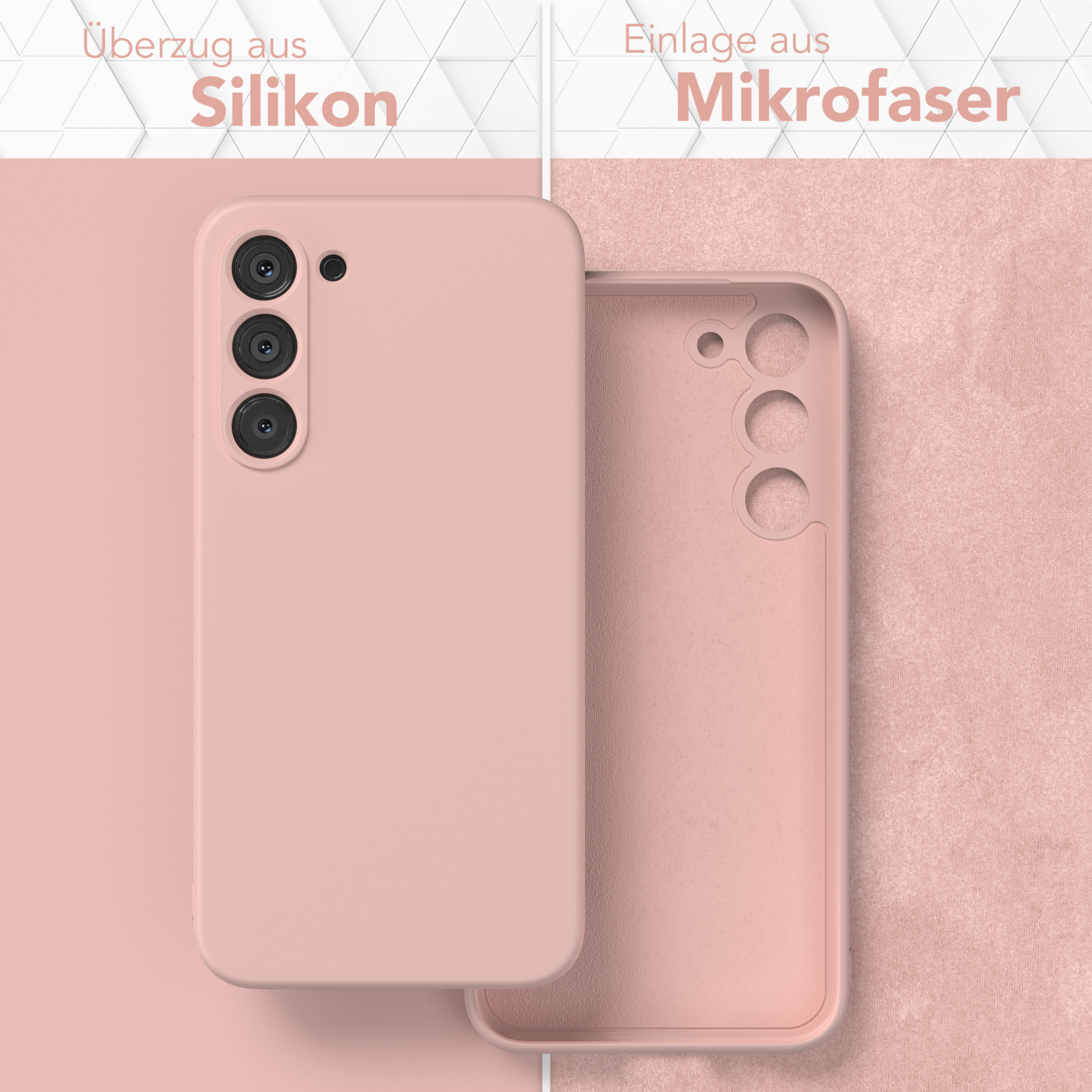 Rosa Handyhülle, mit Silikonhülle und Mikrofaserfutter. Hintergrund zeigt die Details.