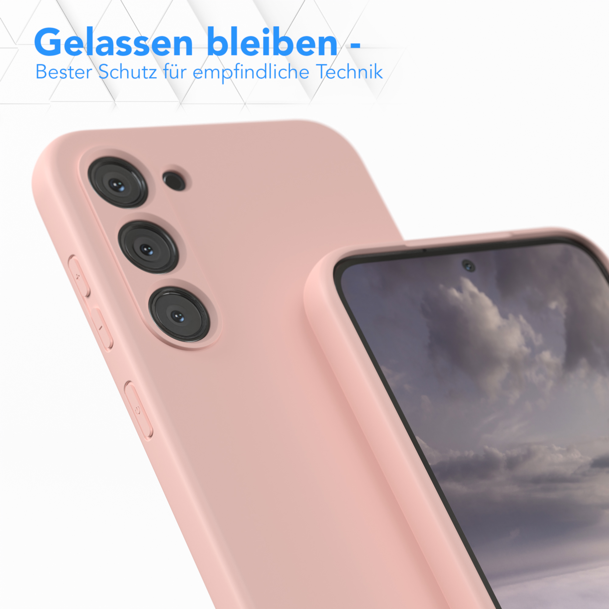 Eine rosa Handyhülle befindet sich neben einem Telefon. Das Telefon hat Kameras.