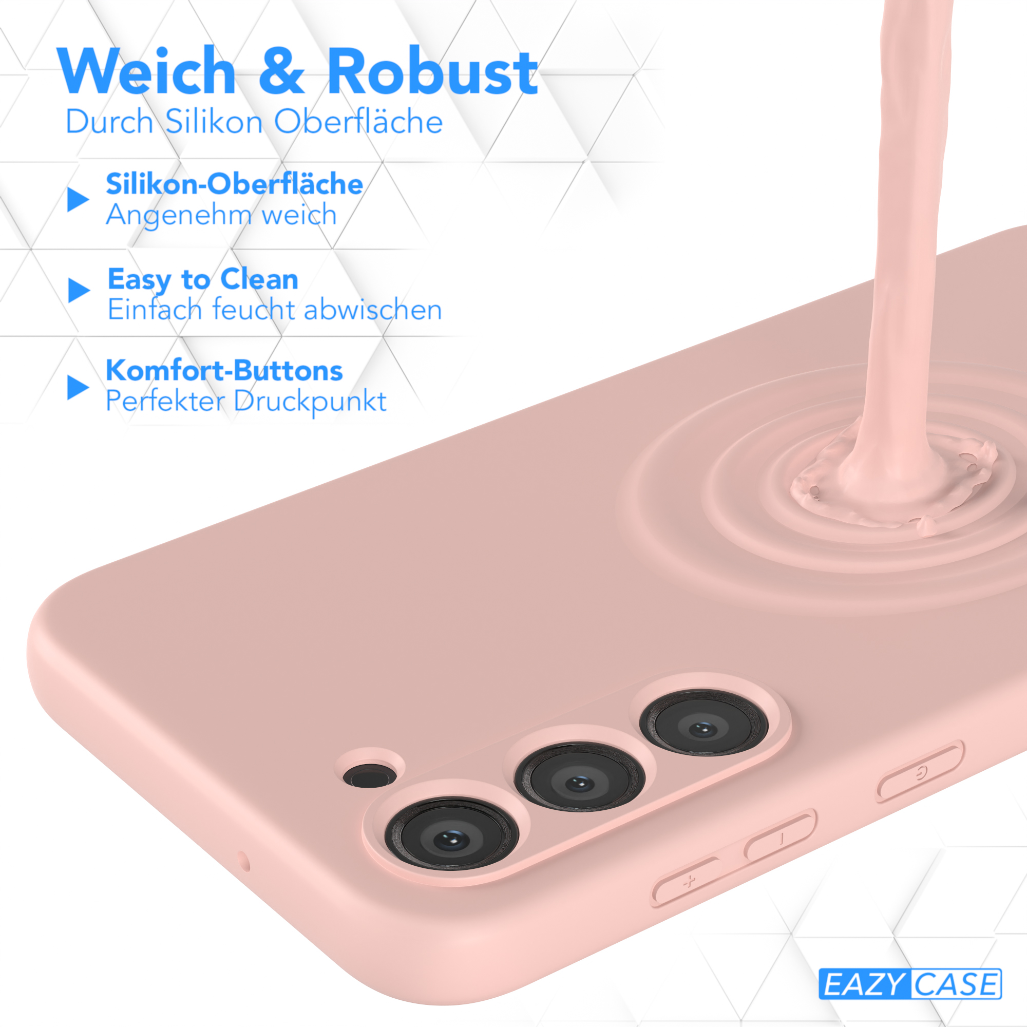 Eine rosa Handyhülle, auf die eine flüssigkeitsartige Substanz gegossen wird. Text: 'Eazy Case'.