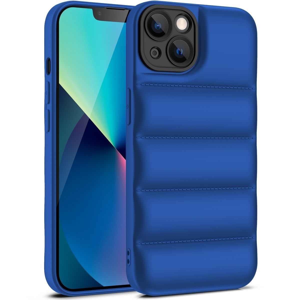 Blaue Handyhülle mit Steppmuster. Das Telefon hat eine Kameraerhebung. Weißer Hintergrund.