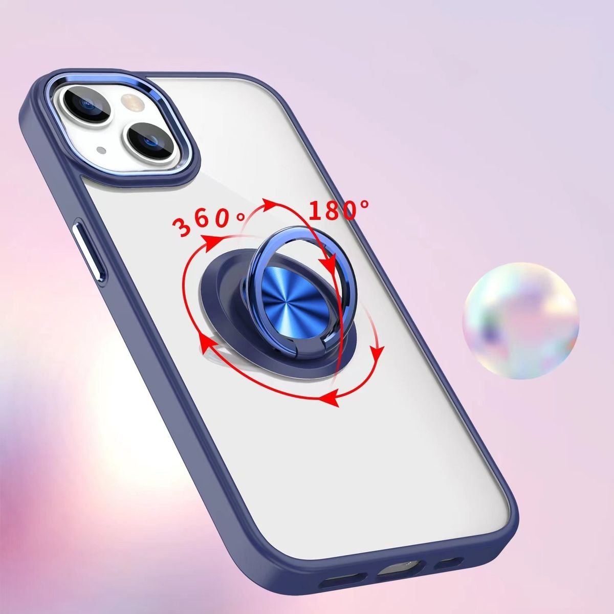 Transparente Handyhülle mit Ringhalter, blauen Kanten und einem holografischen Orb.