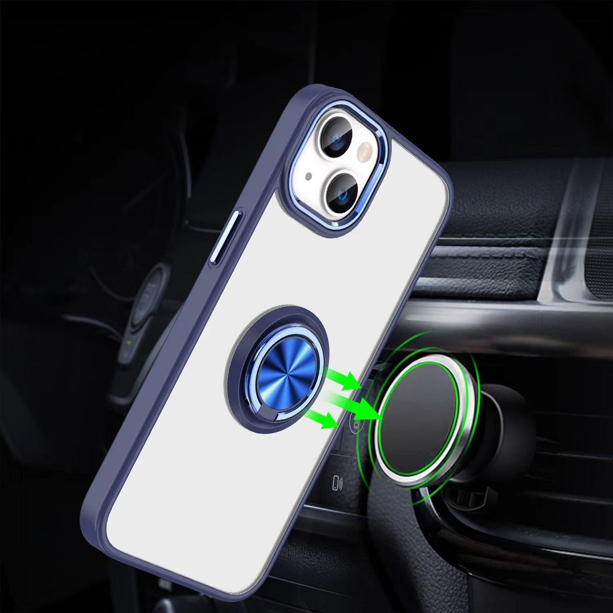 Smartphone-Hülle mit weißer Rückseite und blauem Ring für magnetische Autohalterung. Grüne Pfeile zeigen Halterung.