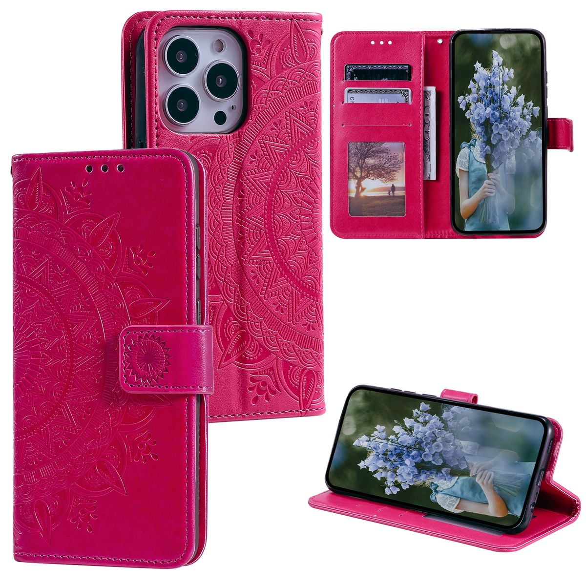 Rosa Handyhülle mit floralem Design und Geldbörsen-Design. Weißer Hintergrund.