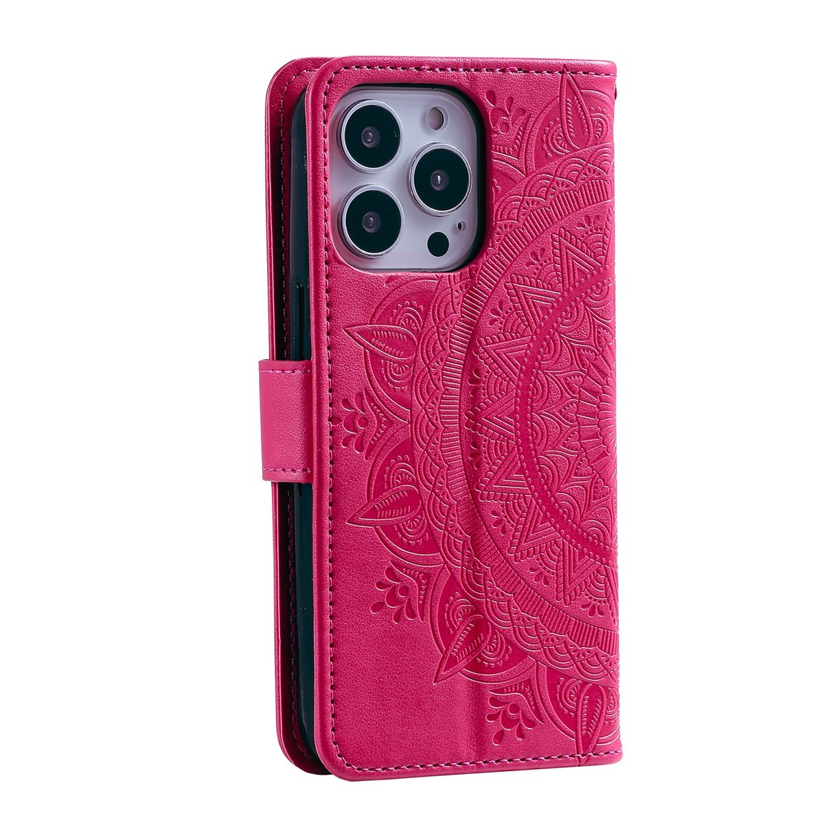 Geschlossene pinkfarbene Handyhülle mit Mandala-Design, für ein Telefon.