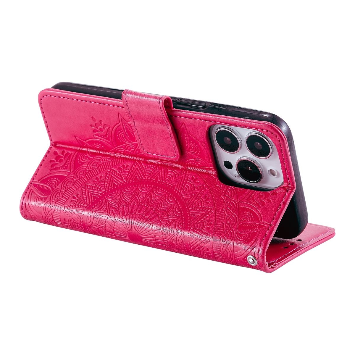 Geöffnete rosa gemusterte Handyhülle, hält ein schwarzes Telefon. Das Design zeigt ein Mandala-Muster.