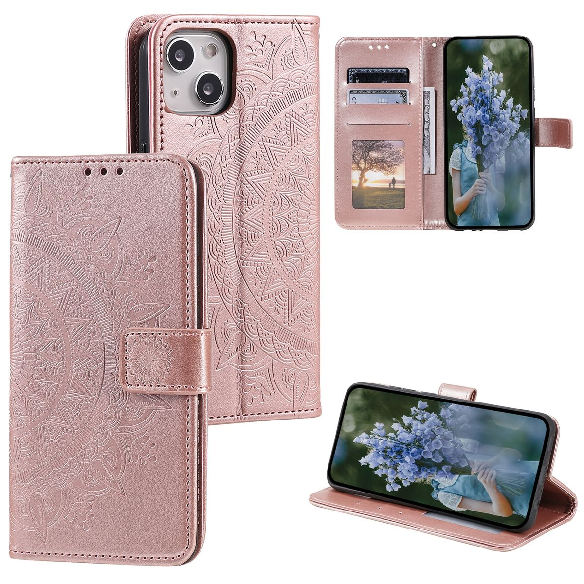 Rosa Handyhülle mit floralem Design. Telefon innen. Als Ständer verwendbar.