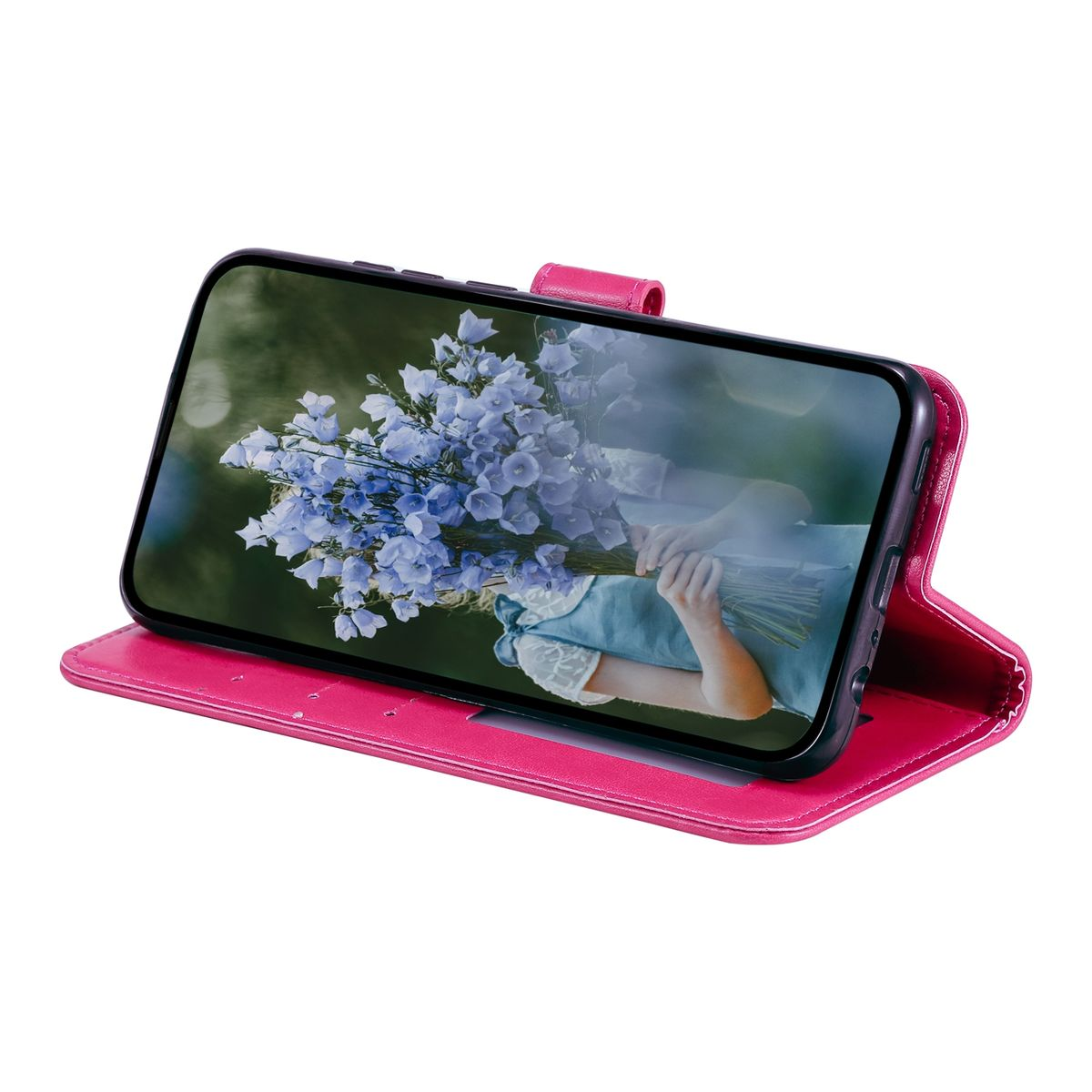 Rosa Handyhülle mit Blumen auf dem Telefon. Die Hülle ist offen, auf einer Holzoberfläche.