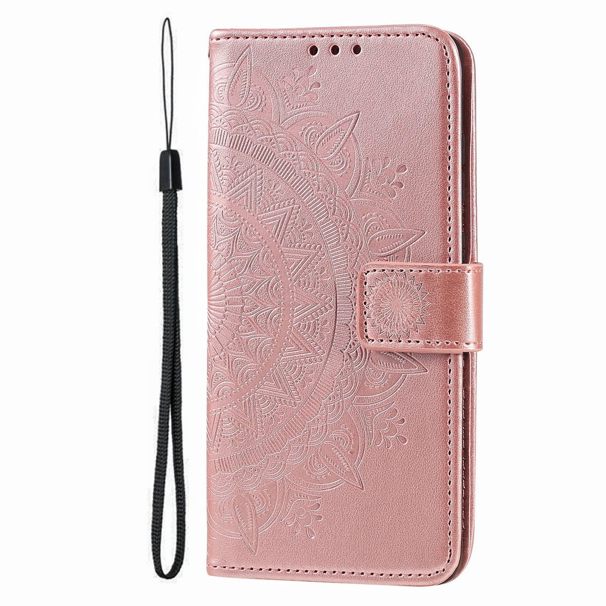 Eine rosa Handyhülle mit Mandala-Design und einem schwarzen Schlüsselband.