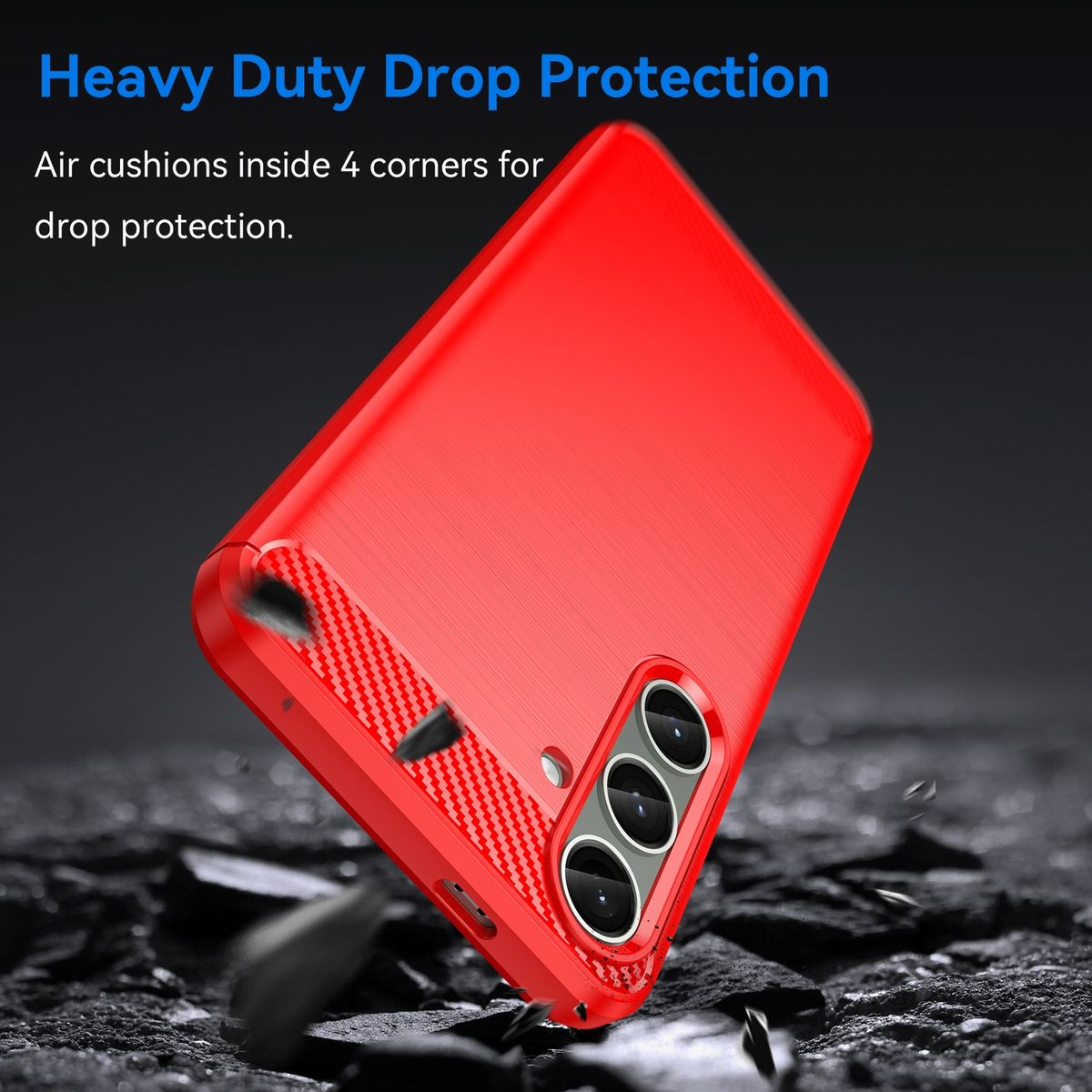 Rote Handyhülle mit Luftkissen. Fallbewegungseffekt. Text: Heavy Duty Drop Protection.
