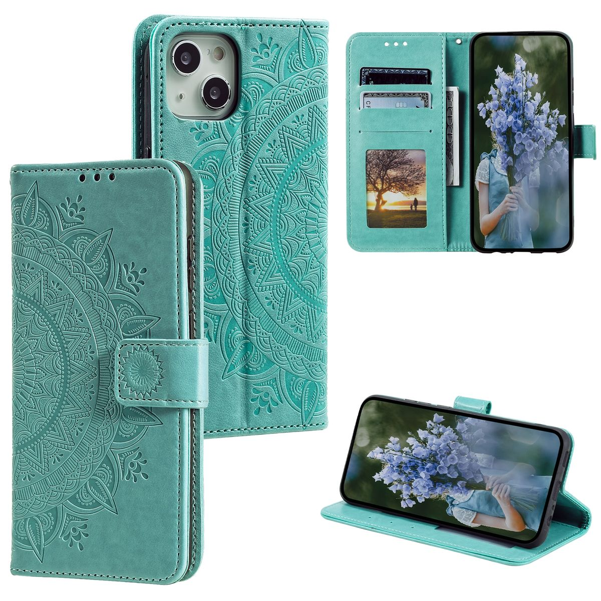 Türkisfarbene Handyhülle, geöffnet, um Telefon mit Mandala-Design und Kartenfächern zu zeigen. Weißer Hintergrund.