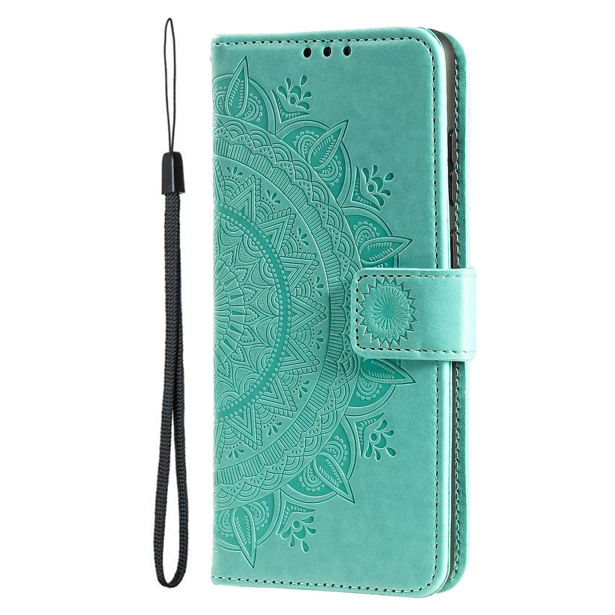 Türkis Handyhülle mit Mandala-Design. Mit Magnetverschluss und Handschlaufe. Telefon ist innen.