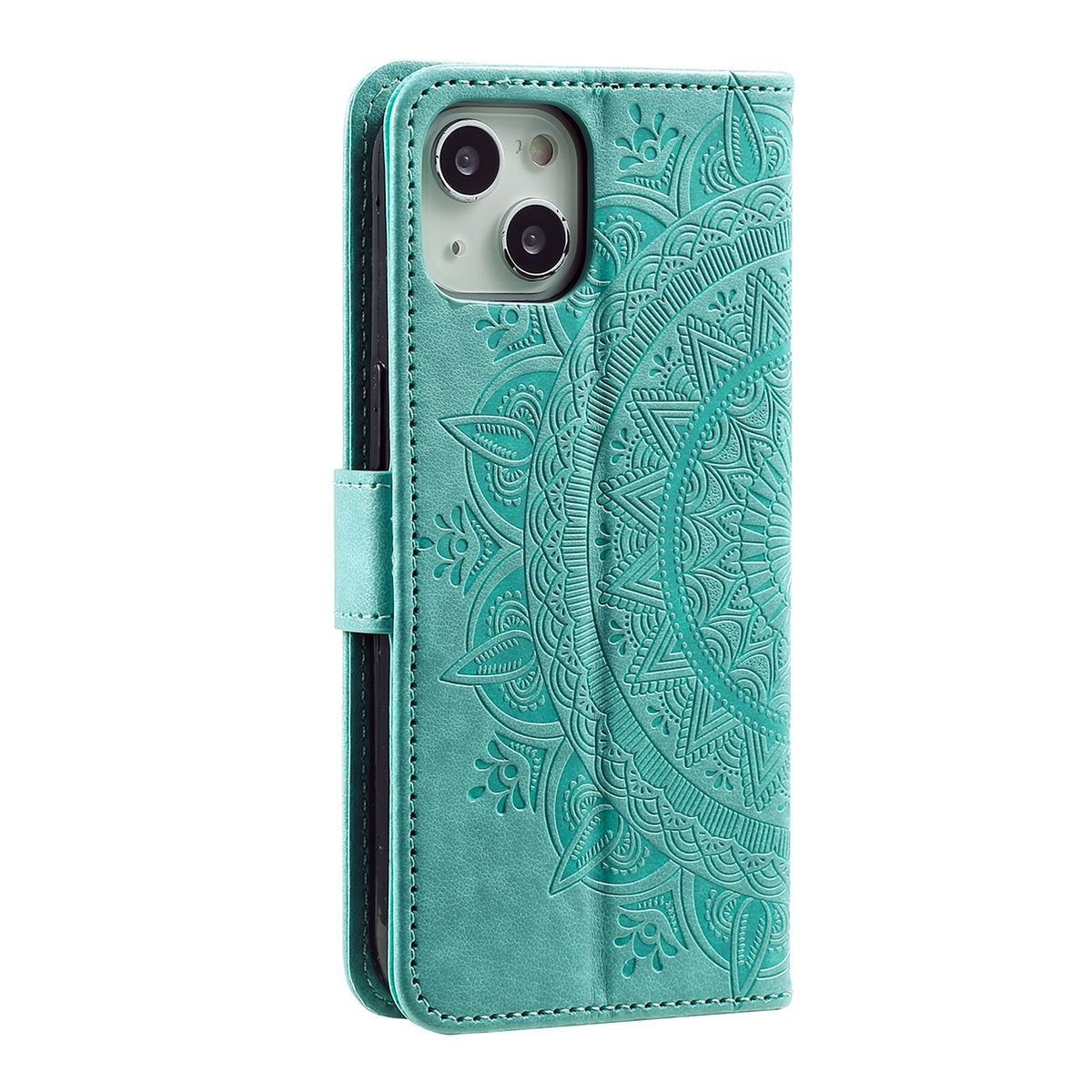 Eine türkisfarbene Handyhülle mit Mandala-Design. Die Handyhülle ist auf weißem Grund geöffnet.