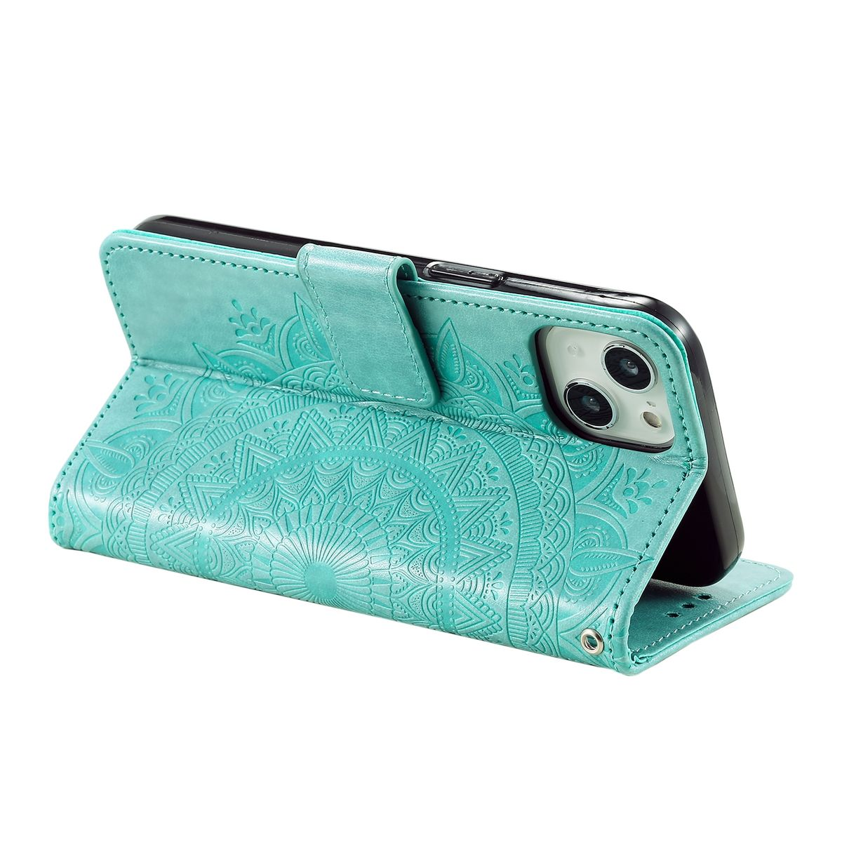 Türkisfarbene Handyhülle mit Mandala-Design, offen, Telefon innen.