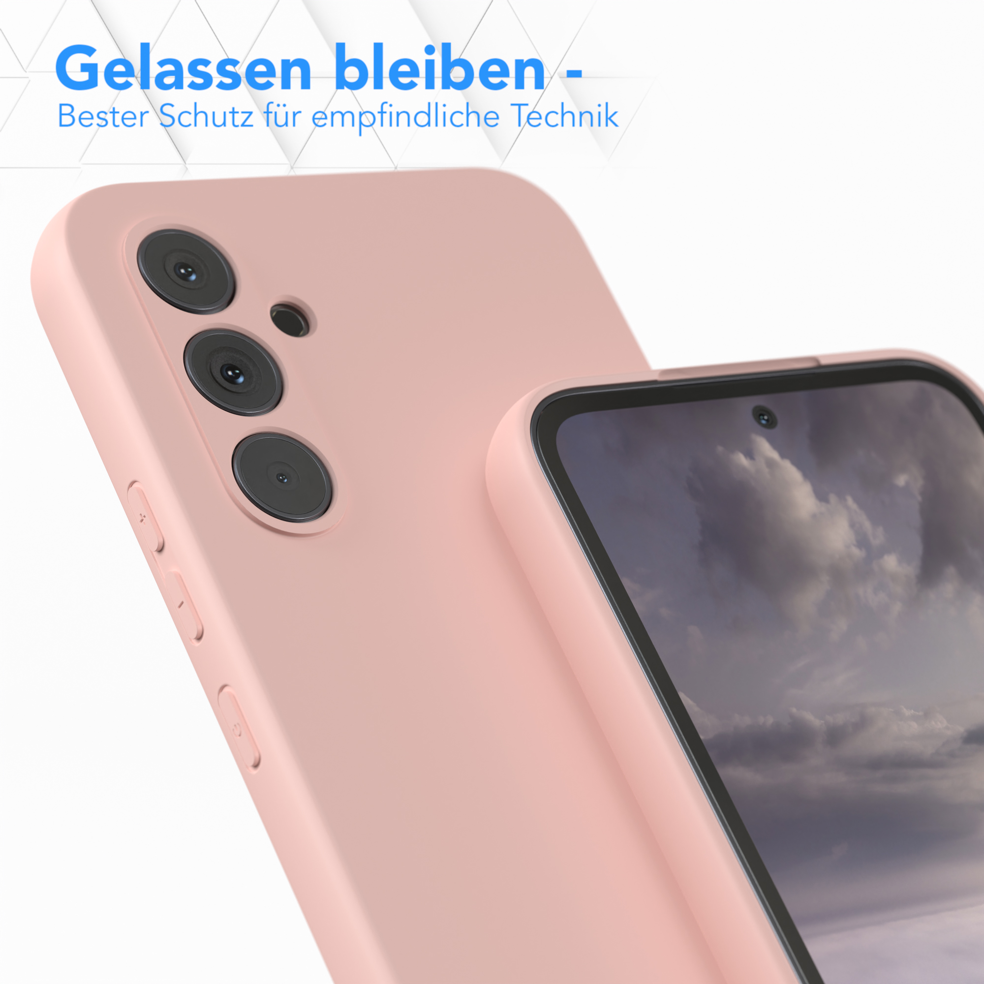 Rosa Handyhülle und Telefon auf weißem Hintergrund.