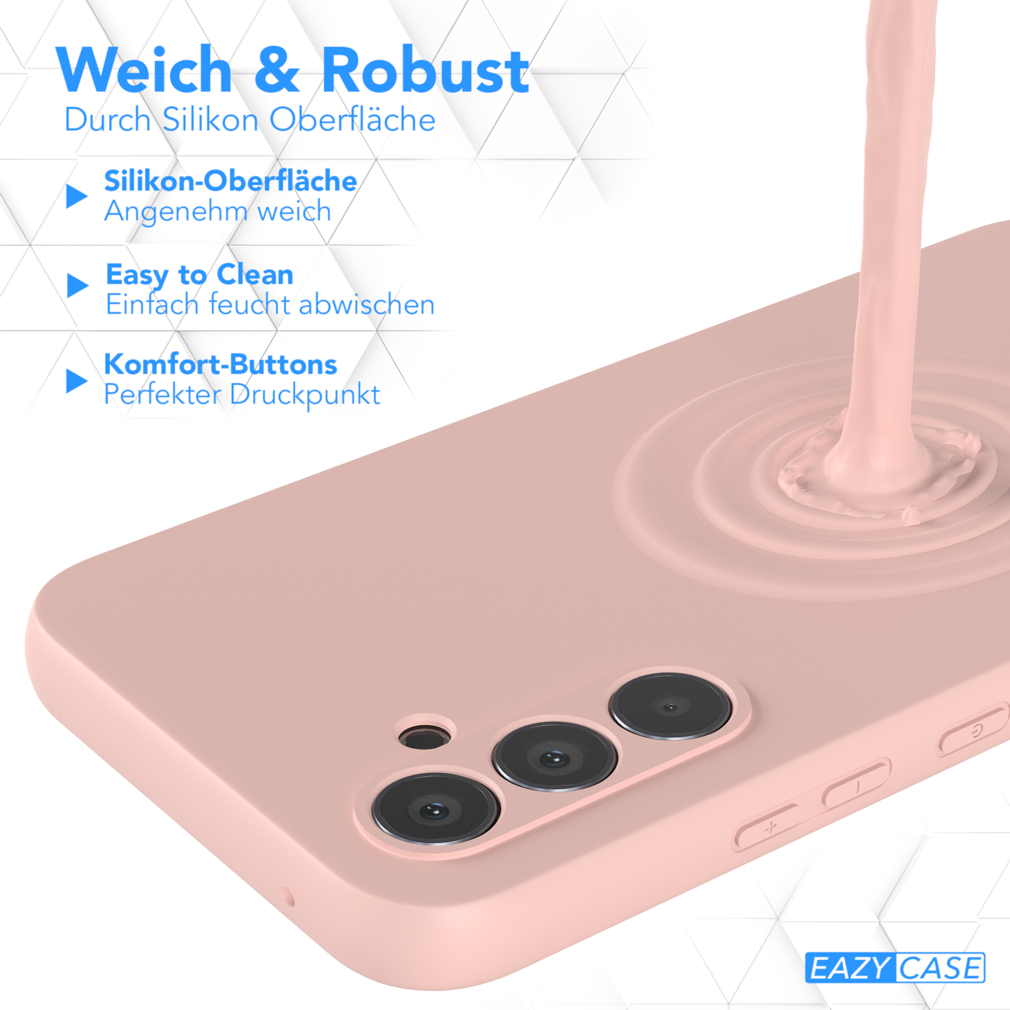 Eine pinke Handyhülle mit Kamera und Knöpfen. Eine rosa Flüssigkeit wird auf die Hülle gegossen.