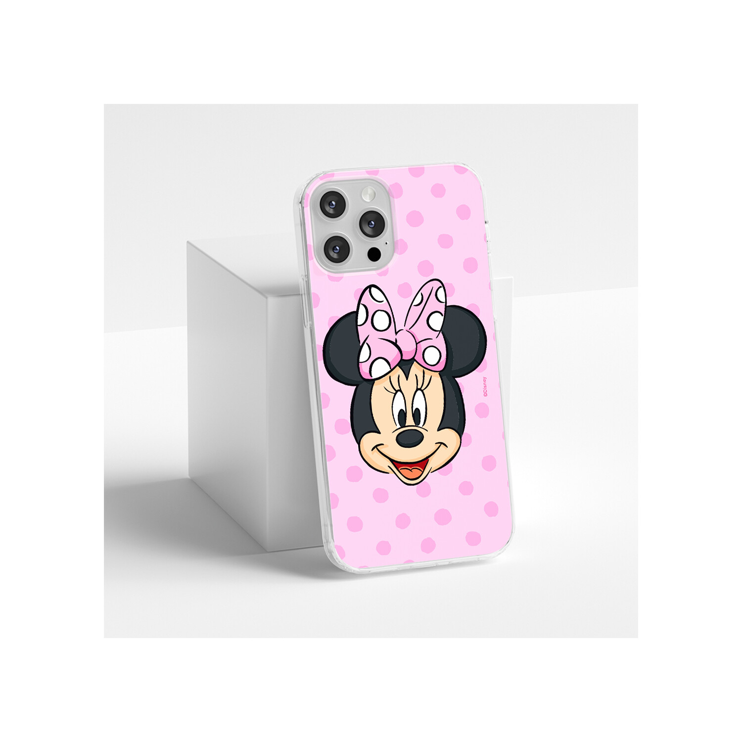 Una custodia per telefono con Minnie Mouse. La custodia è rosa con pois bianchi.