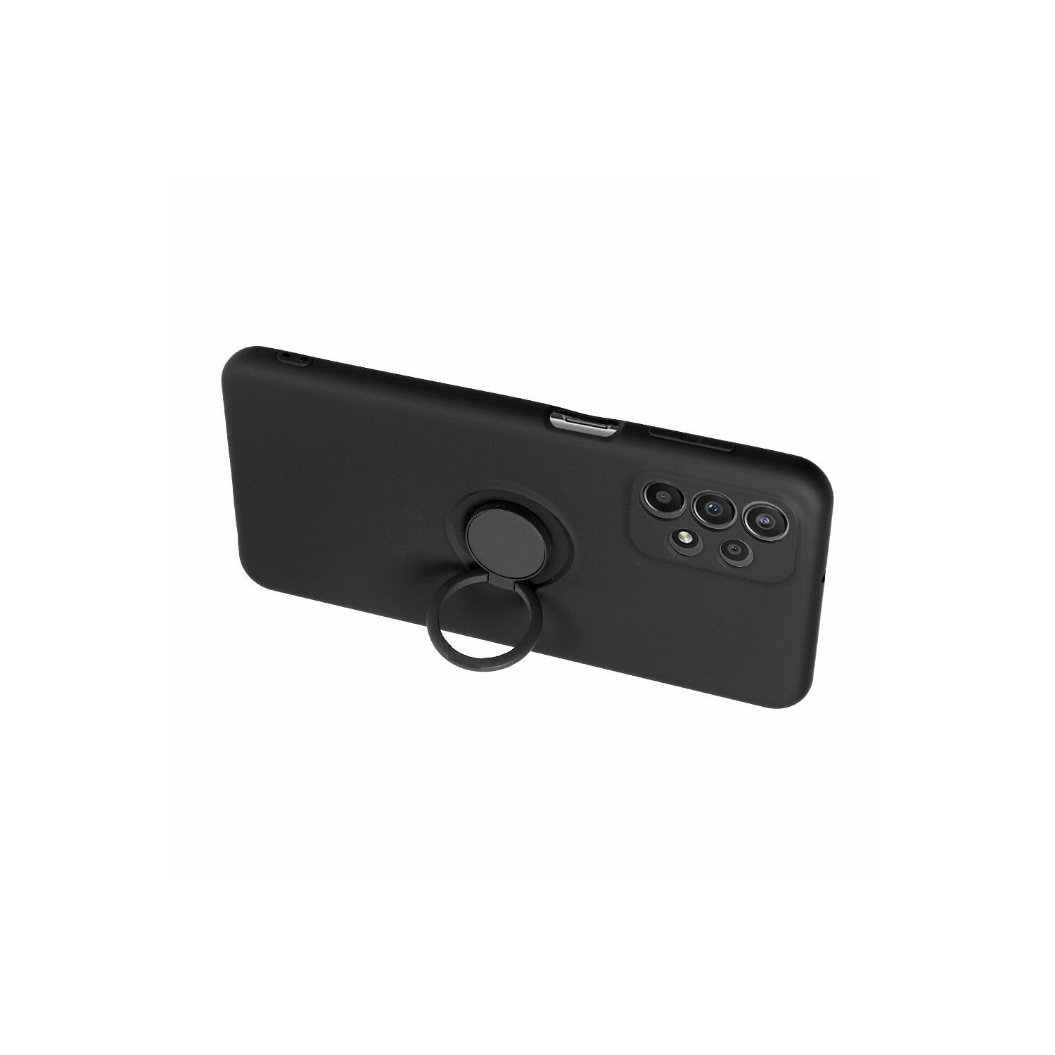 Custodia nera per telefono con supporto ad anello sul retro. La fotocamera del telefono è visibile.