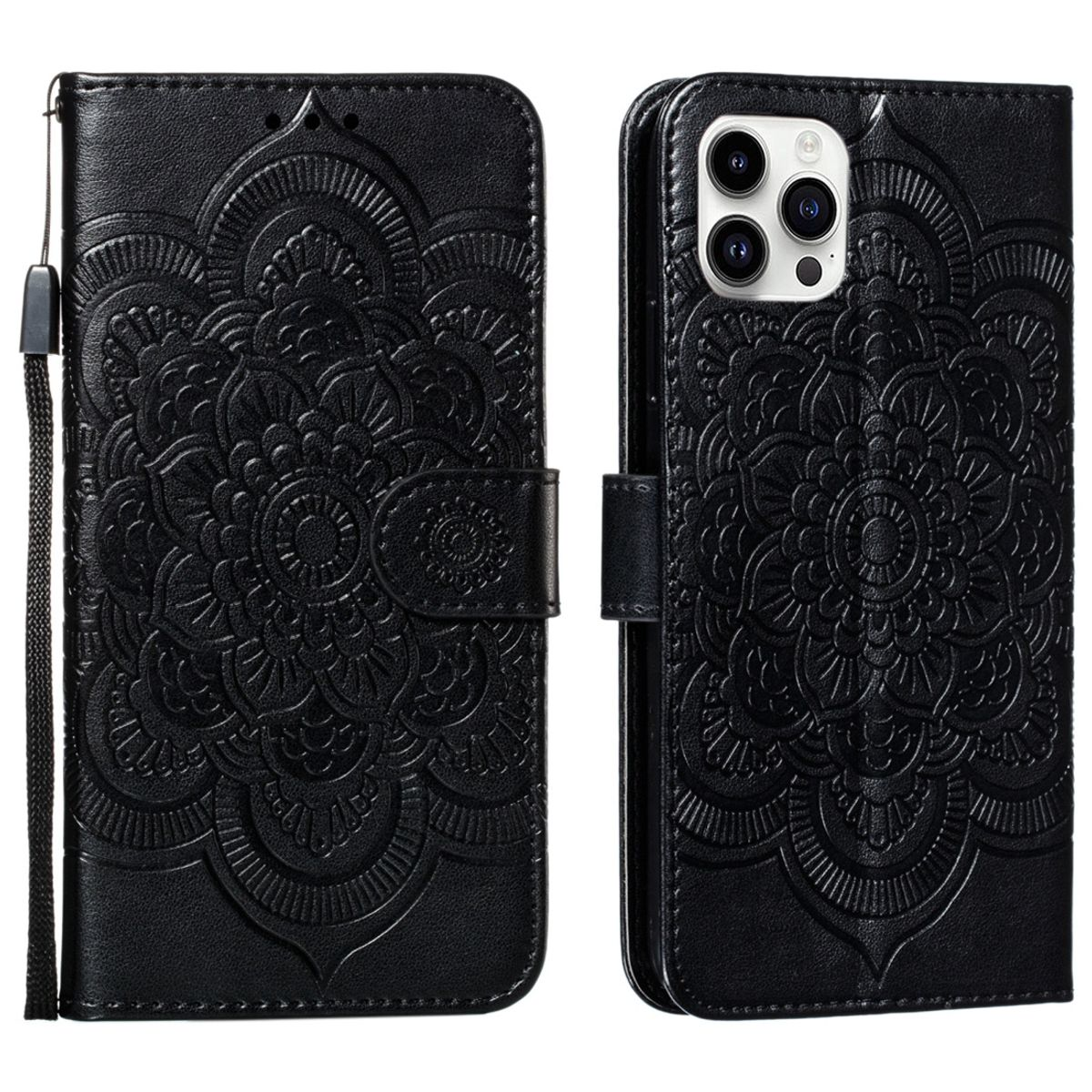 Schwarze Handyhülle mit geprägtem Blumendesign. Die Hülle ist offen, um das Telefon zu zeigen.