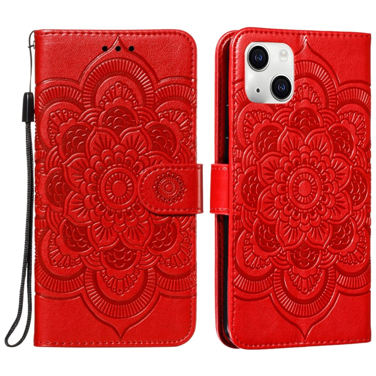 Rote Handyhülle, geöffnet und geschlossen. Mit detailliertem Blumenmuster in dunklerem Rotton.