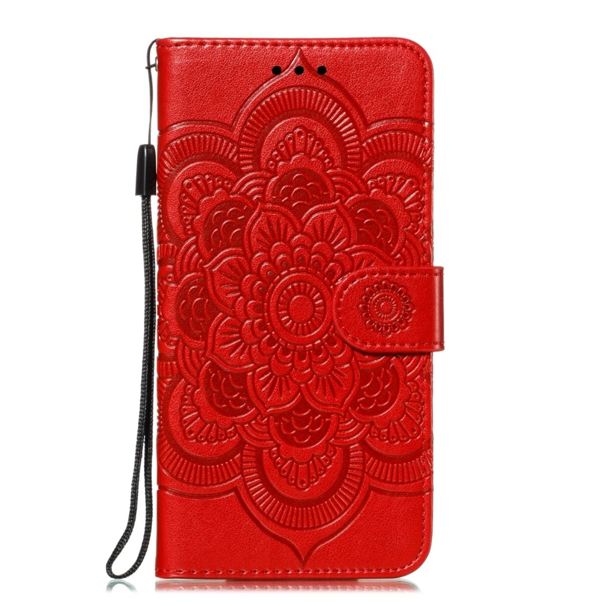 Rote Handyhülle mit geprägtem Blumenmuster und schwarzer Handschlaufe.