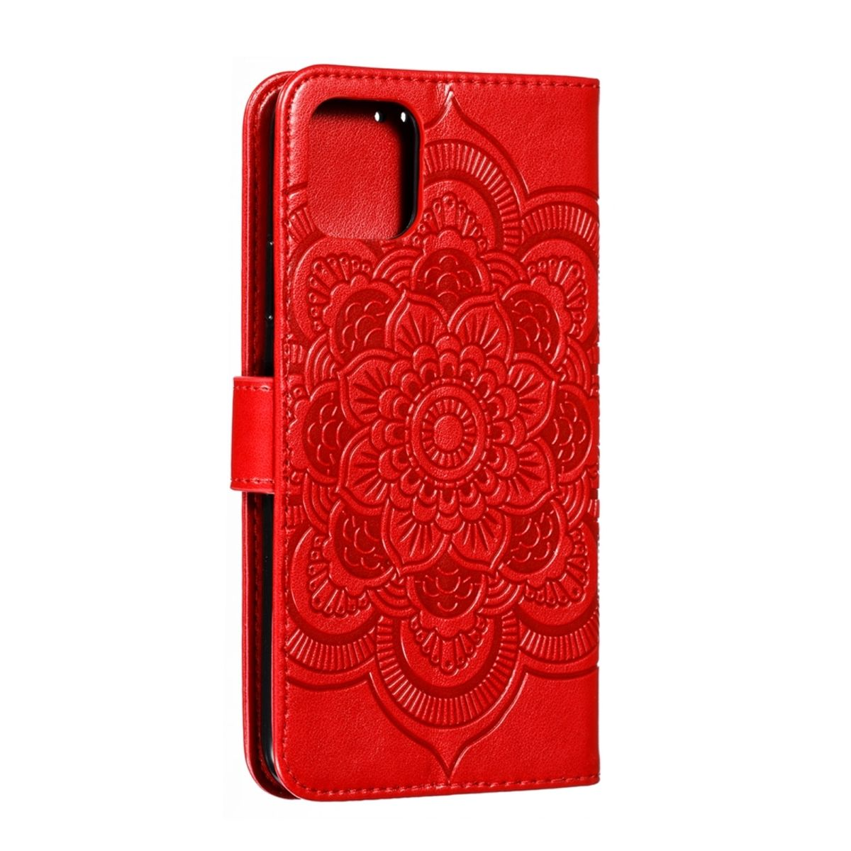 Eine rote Handyhülle mit detailliertem Mandala-Design. Die Hülle ist geschlossen und hat einen Verschluss.