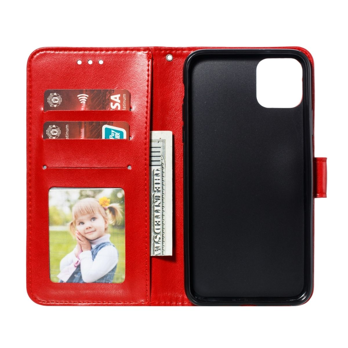 Rote Geldbörsen-Handyhülle mit Kartenfächern, einem Fotoschacht und Bargeld. Das schwarze Telefon ist innen.