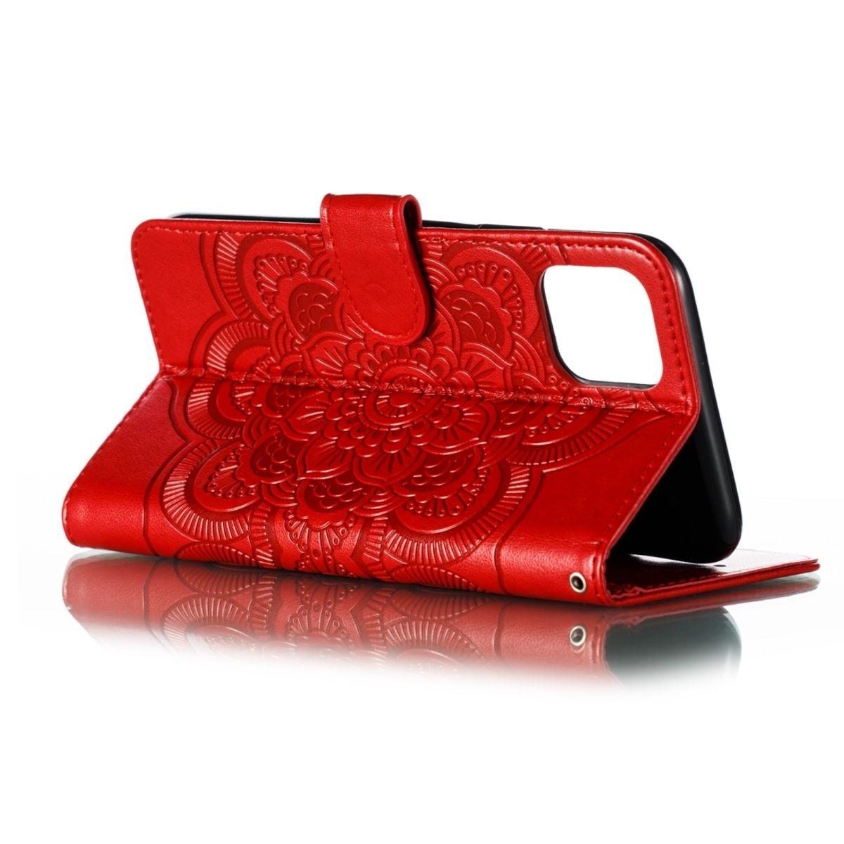 Rote, offene Handyhülle mit floralem Design, Telefon sichtbar.