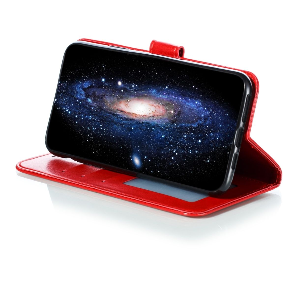 Rote Handyhülle geöffnet, mit einem Telefon mit Galaxienbild. Weißer Hintergrund.