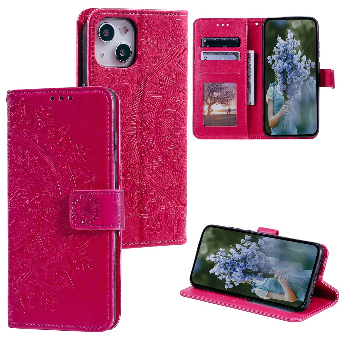 Rosa Leder-Handyhülle mit Mandala-Design, offen mit Telefon mit Blumen und Kartenfächern.