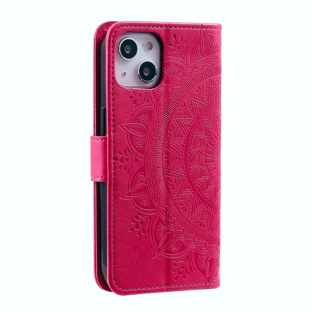 Rosa Handyhülle mit Mandala-Design, geschlossen. Brieftaschen-Hülle.