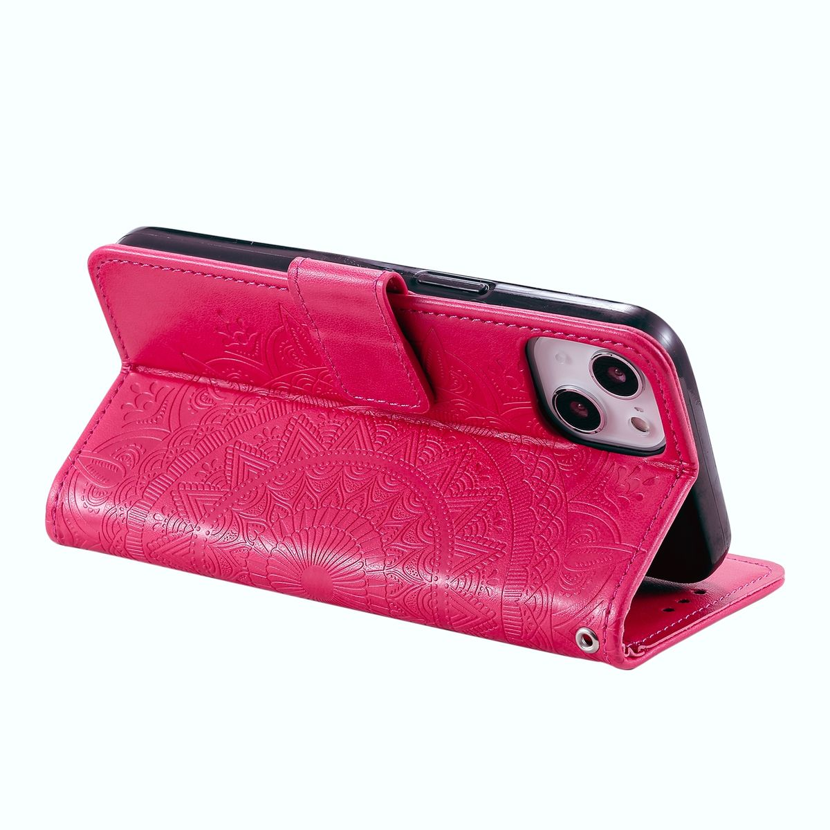Rosa Handyhülle mit Telefon darin. Es hat ein Blumenmuster und die Hülle ist offen.