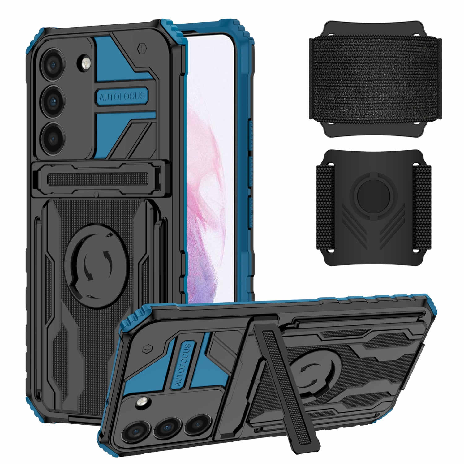 Schwarz-blaue Handyhülle mit Kameraschutz und Ständer, mit schwarzem Riemen.