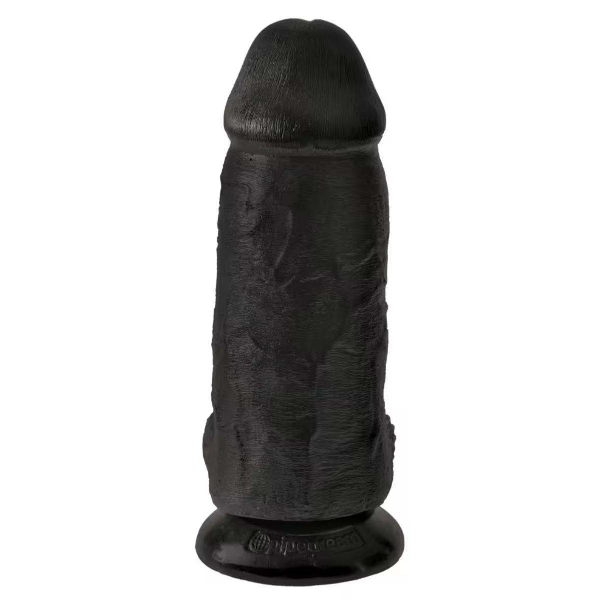 Schwarzer Dildo mit strukturierter Oberfläche und abgerundeter Basis, stehend auf weißem Hintergrund.