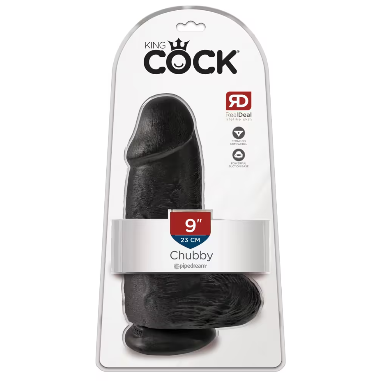 Schwarzer Dildo in Verpackung mit Text und Grafik. Weißer Hintergrund.