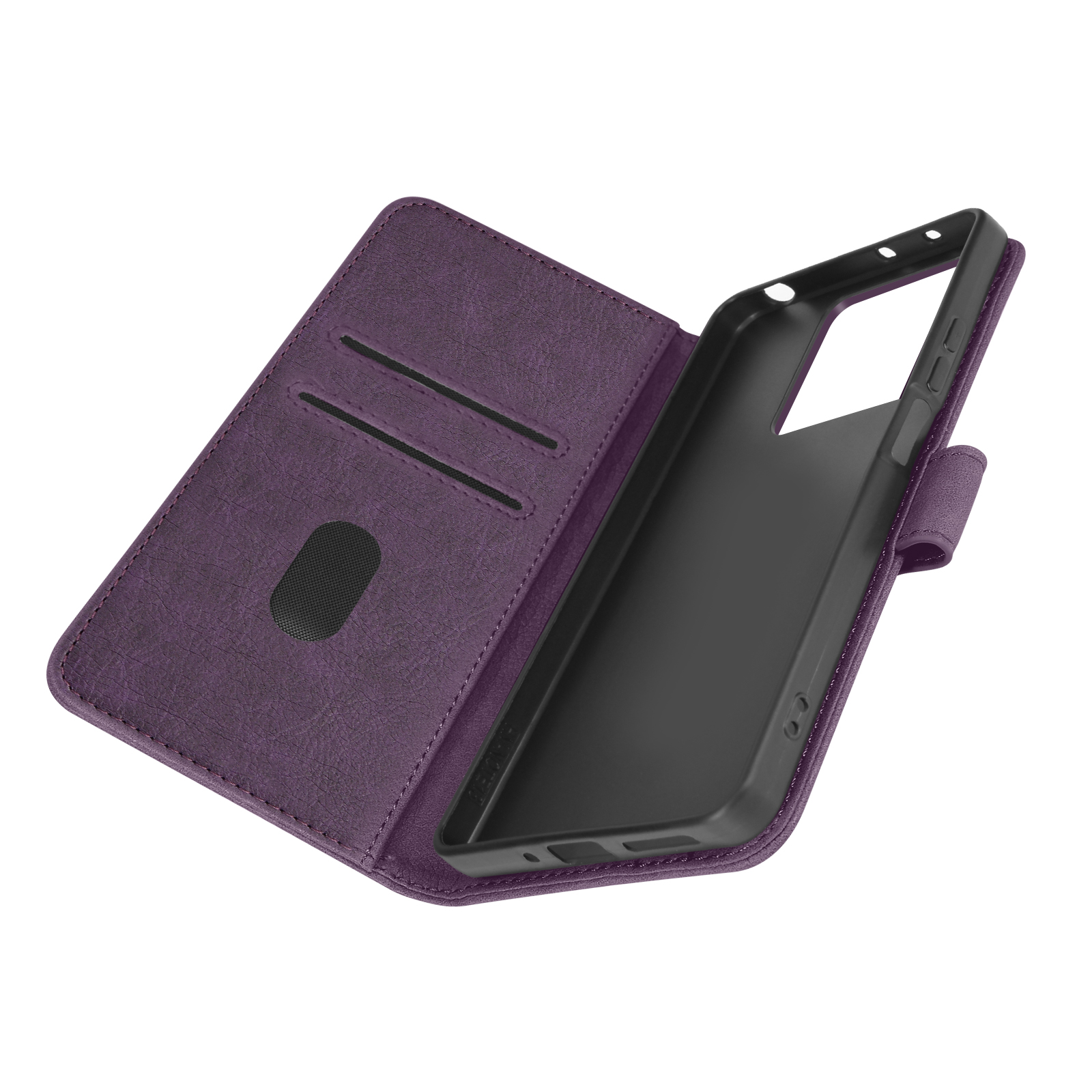 Custodia per telefono viola con design a portafoglio e contorno del telefono nero.