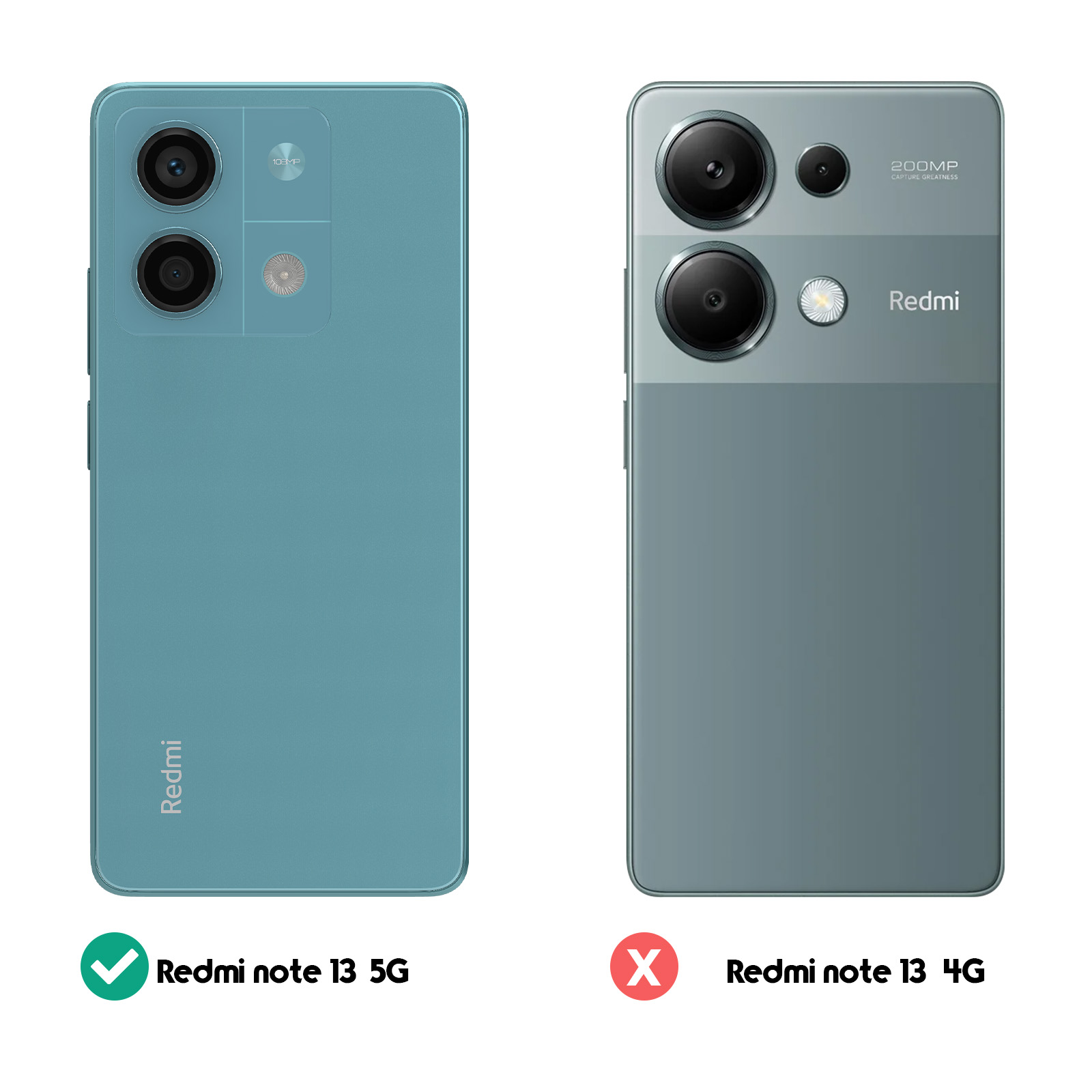 Mostrati i dorsi di due telefoni. Il telefono verde è Redmi note 13 5G, quello nero Redmi note 13 4G.