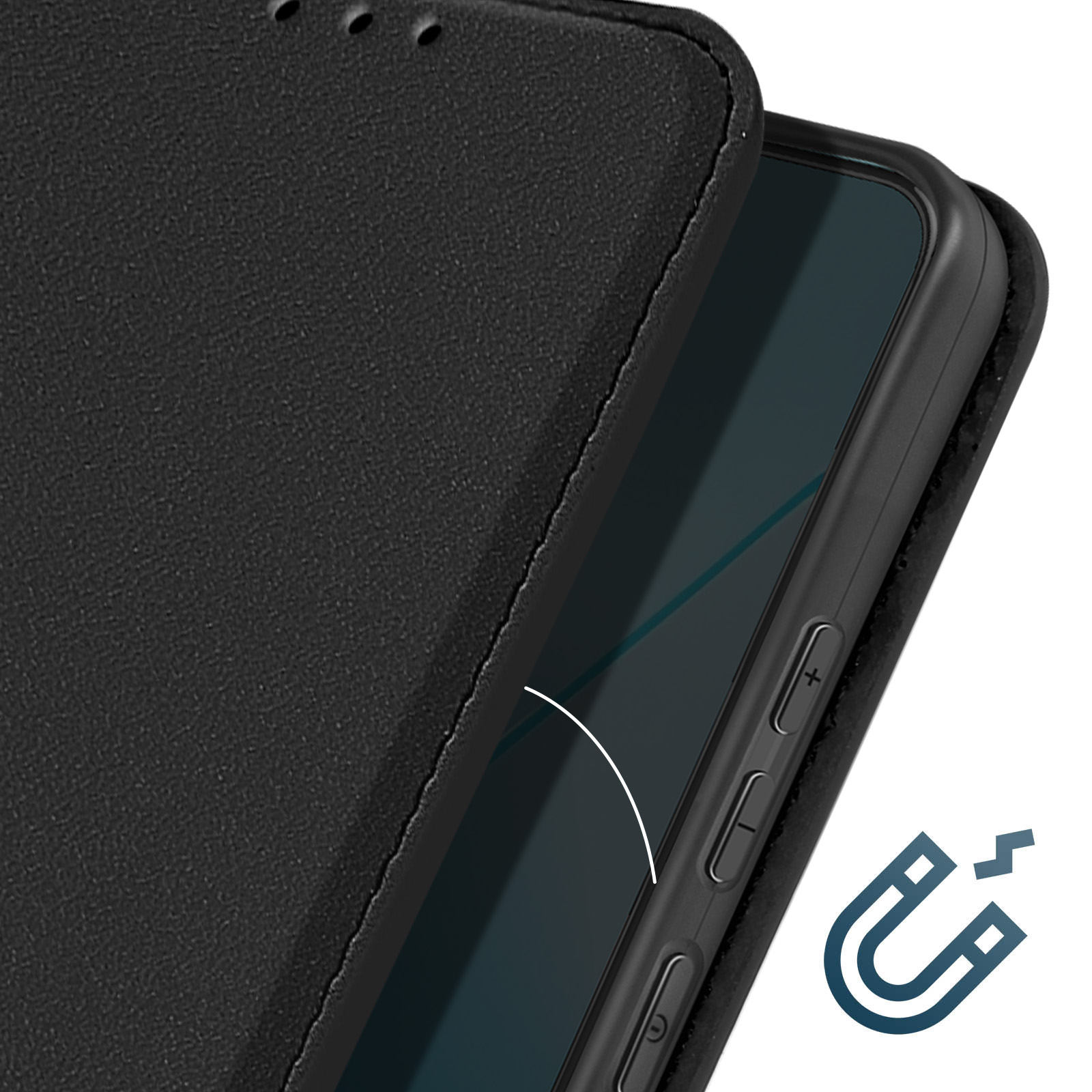 Primo piano di una custodia nera per telefono. La custodia è aperta, rivelando il telefono e il simbolo magnetico.