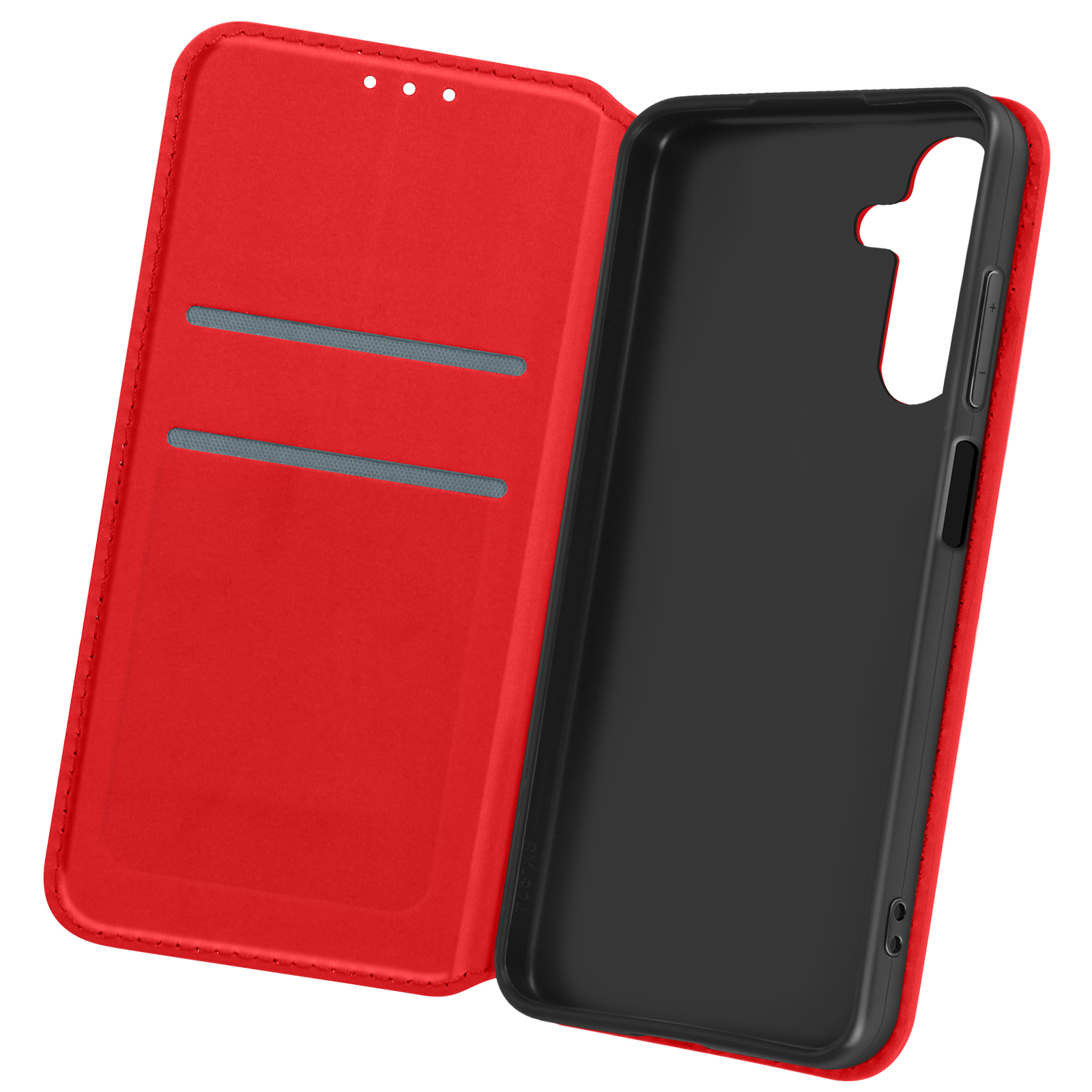 Rotes Leder-Handycase, offen, zeigt schwarzes Inneres mit Kartenfächern.