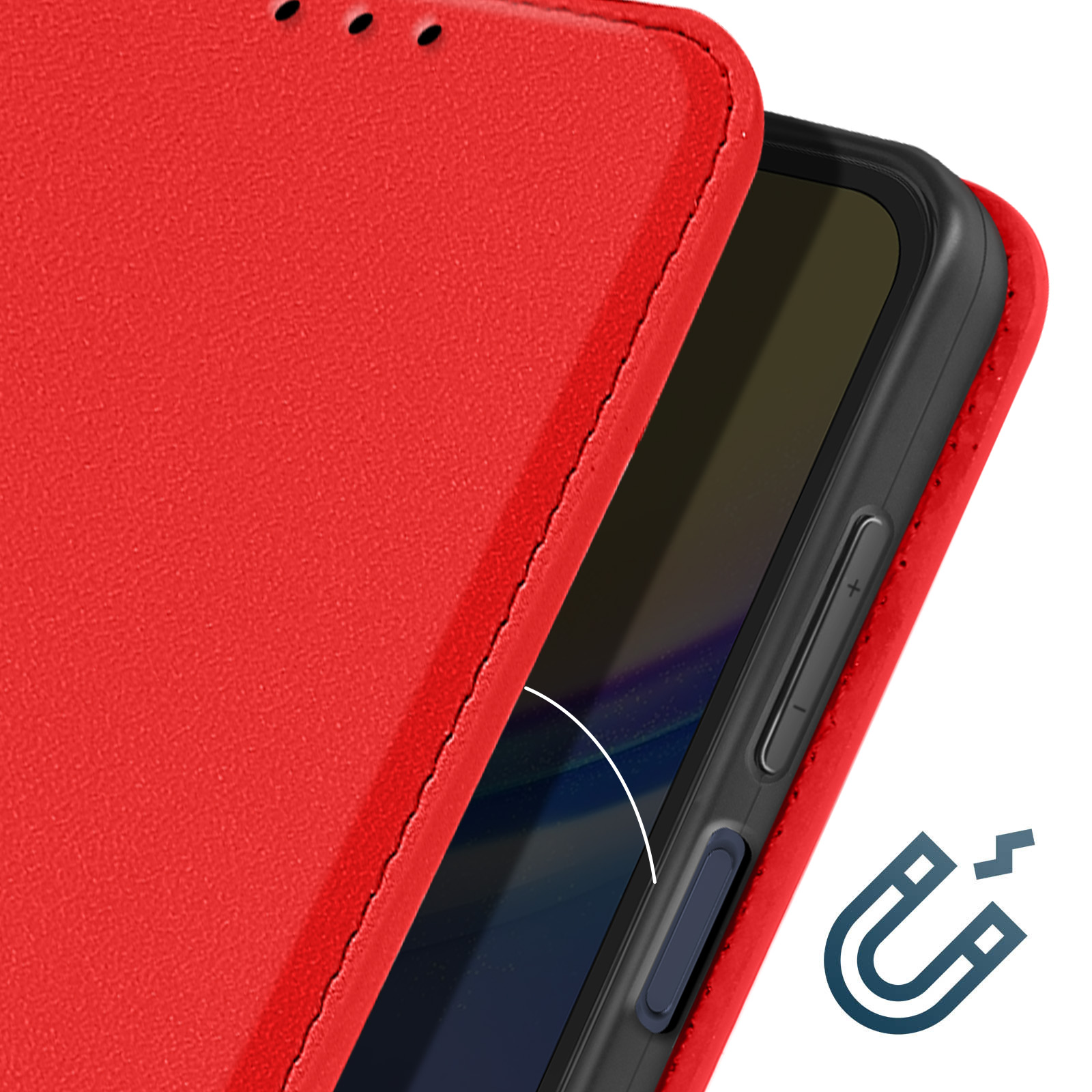 Rote Handyhülle offen, zeigt die Seite des Telefons und ein Magnetsymbol. Die Hülle ist aus Leder.