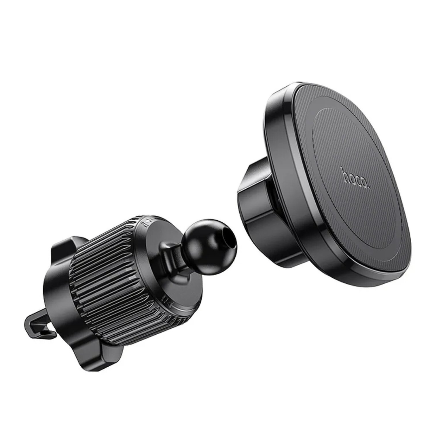 Ein schwarzer Autotelefonhalter mit zwei Teilen, eines für die Lüftung, eines mit Magnetoberfläche.