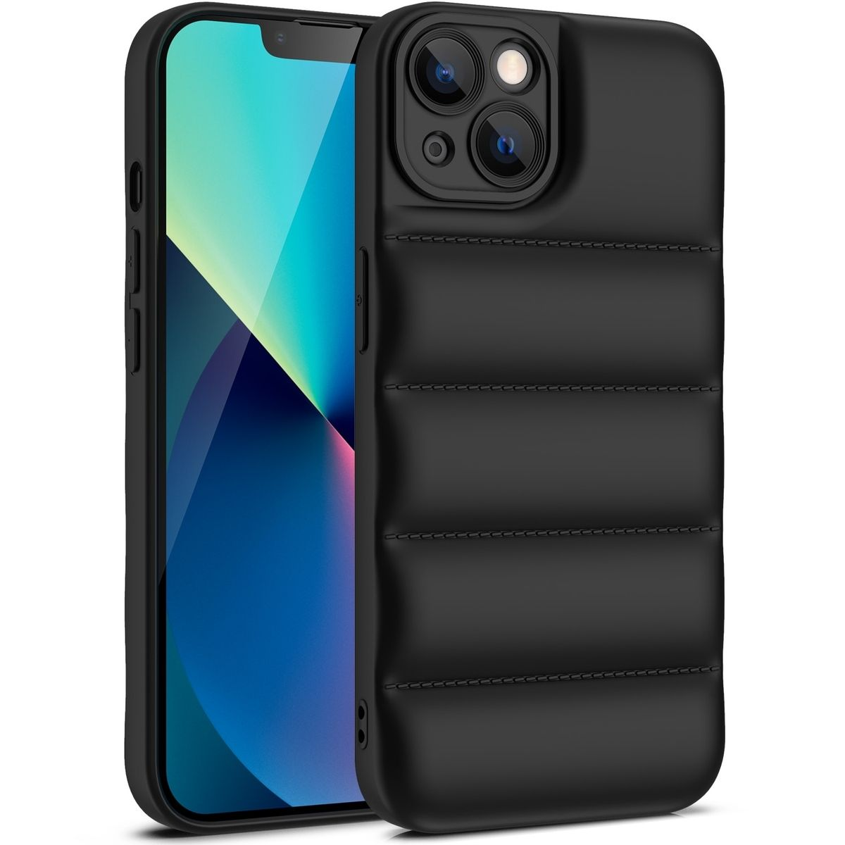 Schwarze iPhone-Hülle mit gestepptem Design. Die Hülle liegt auf einer weißen Oberfläche. Telefon nicht sichtbar.