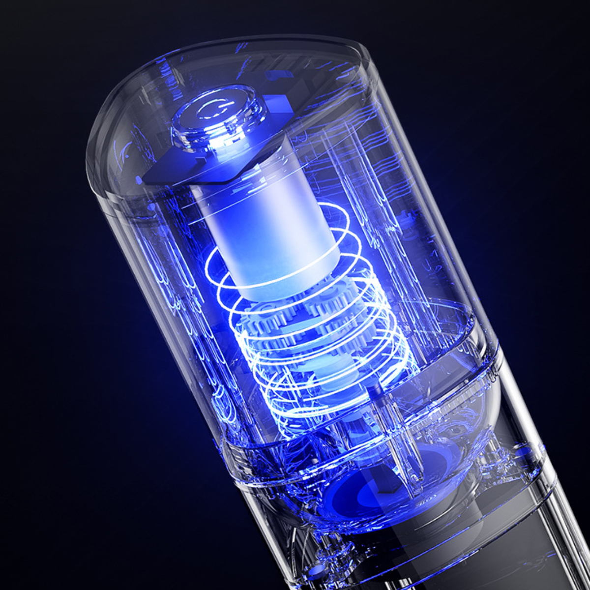 Ein transparenter Zylinder mit blauen Neonlichtern im Inneren, der interne Komponenten zeigt.