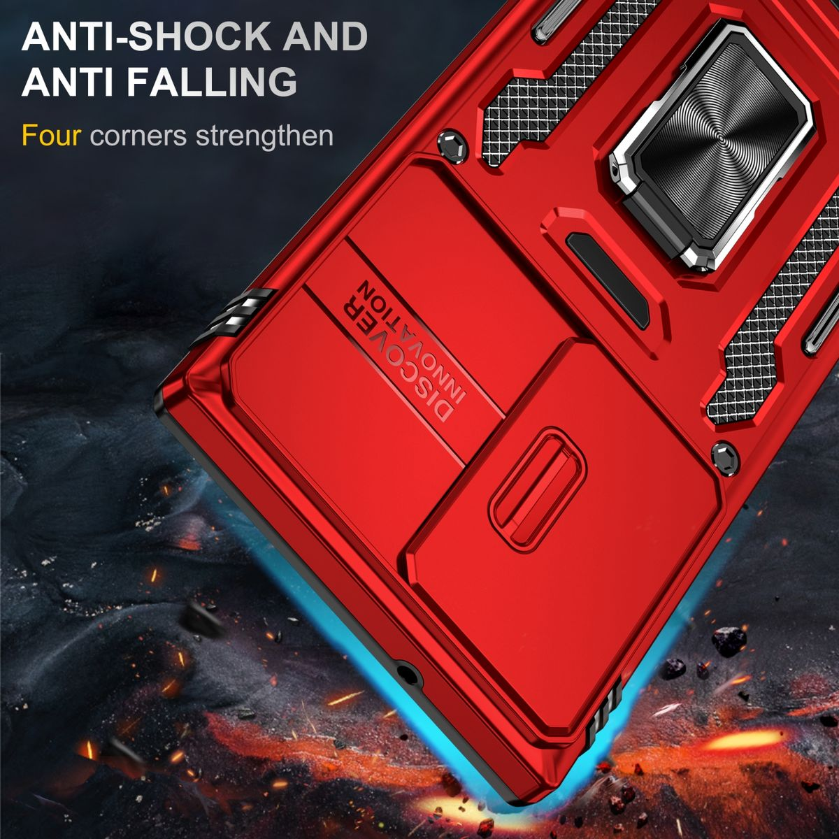 Rote Handyhülle mit silbernem Ring und blauem Lichteffekt. Anti-Schock und Anti-Fall.