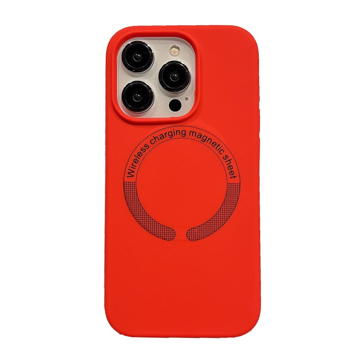 Rote Handyhülle. Wireless Charging und Magnetic Sheet Text auf der Rückseite.