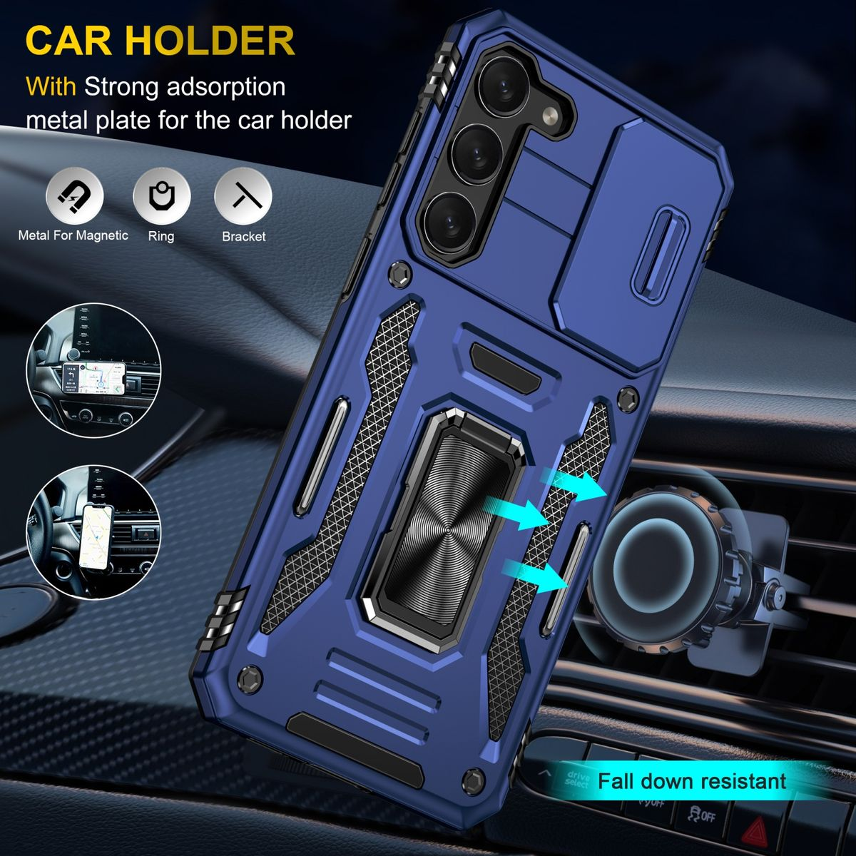 Blaue Handyhülle mit Ringhalter im Auto.