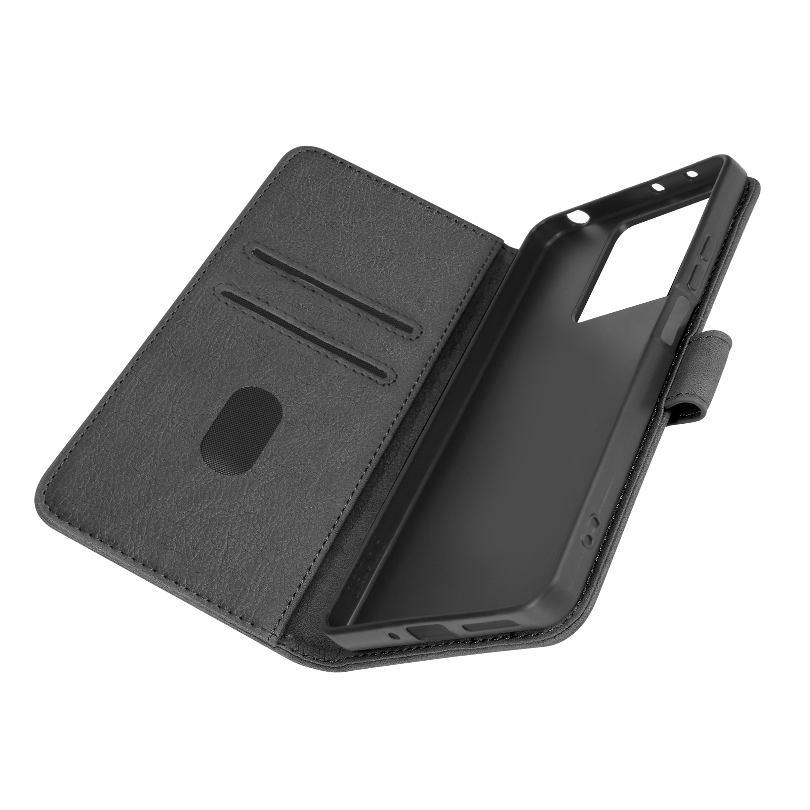Custodia per telefono nera aperta con fessure per carte e supporto per telefono.